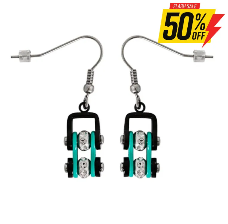 SK2023E MINI MINI SIZE EARRINGS Two Tone Black Aquamarine With White Crystal Centers Stainless Steel Motorcycle Bike Chain