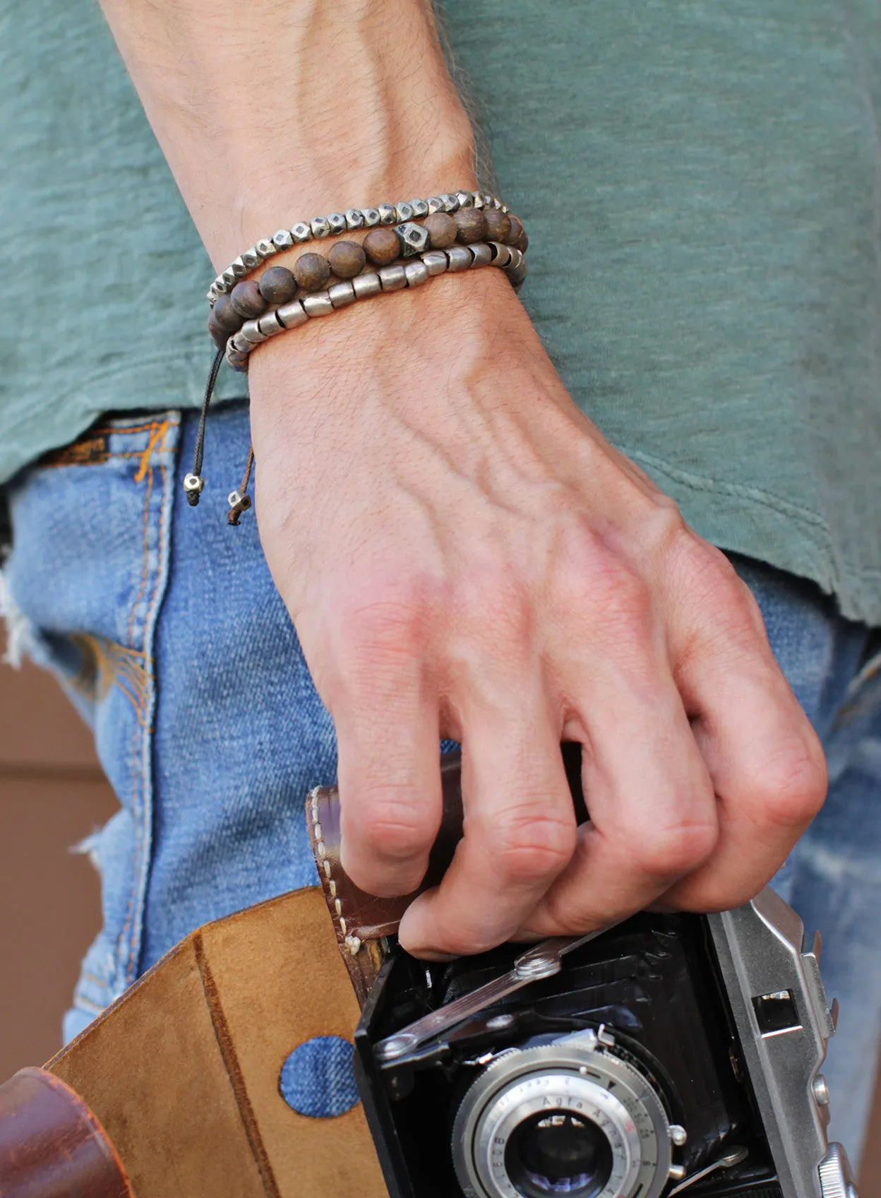 Small Geometric Silver Beaded Men's Bracelet