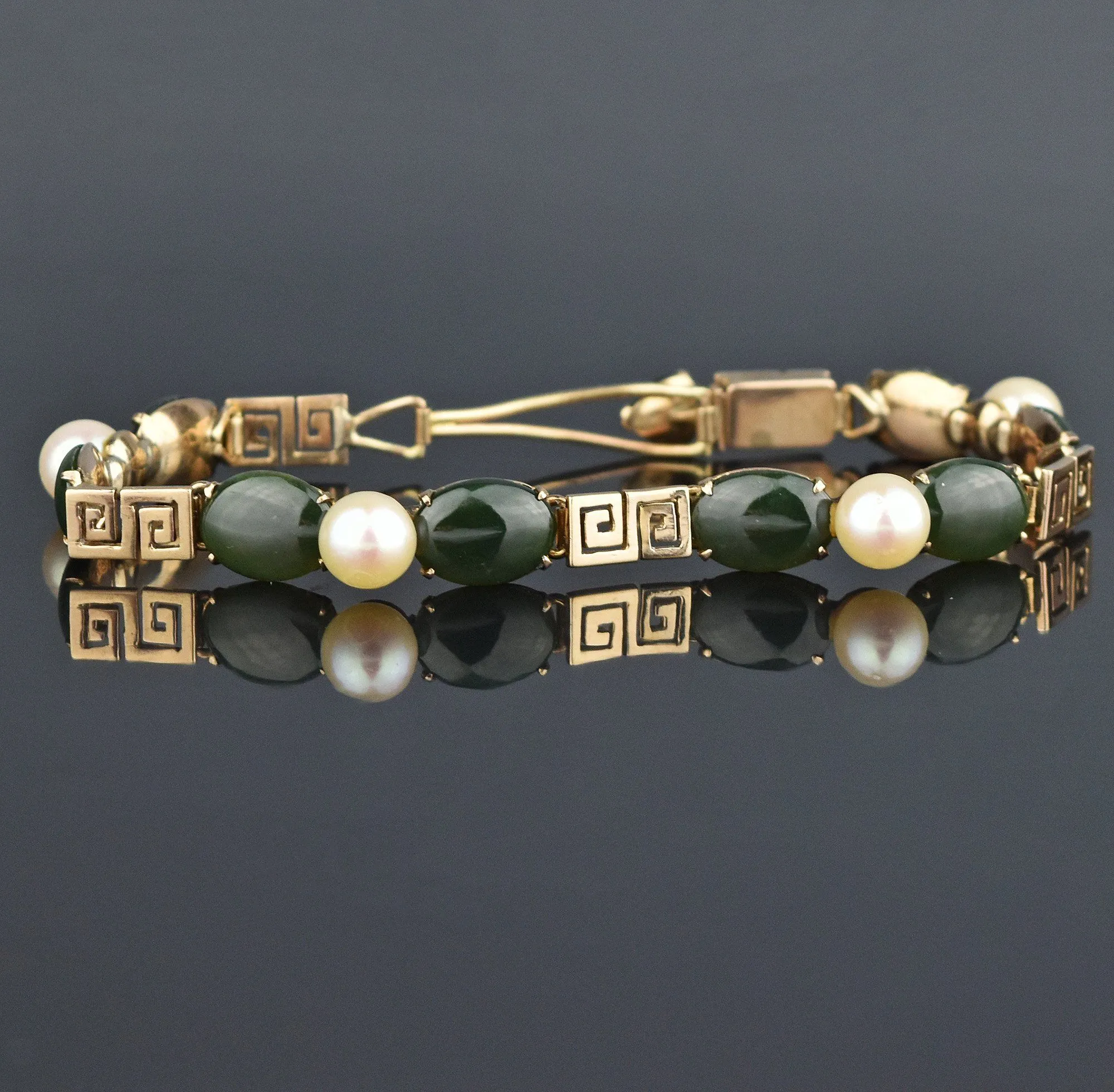 Solid 14K Gold Jade Pearl Butterfly Bracelet, Greek Key