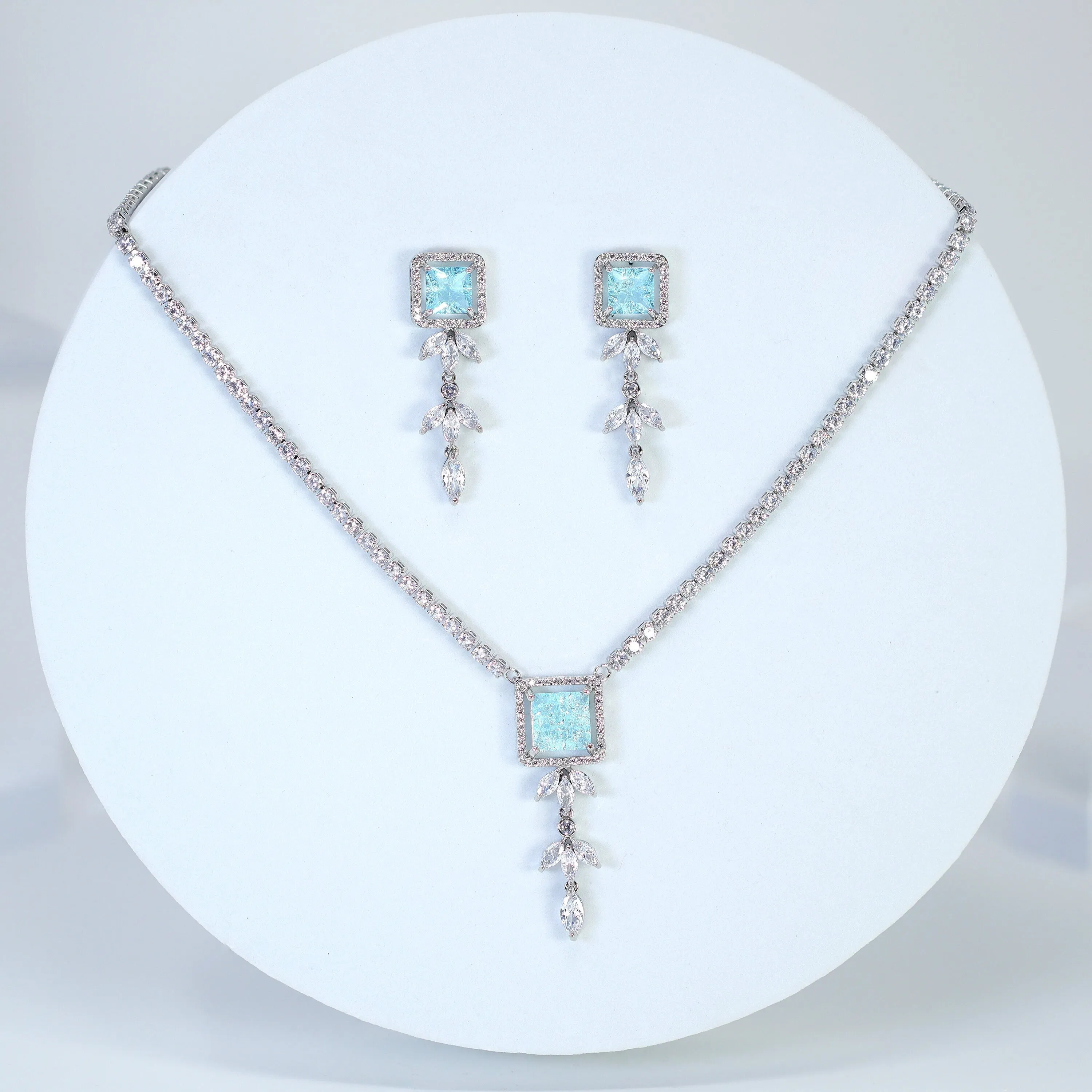 Something Light Icy Blue Zircon Diamond/Crystal Drop Necklace Set , Luxury Bridal Necklace Set, Bridal Jewelry, Statement Necklace