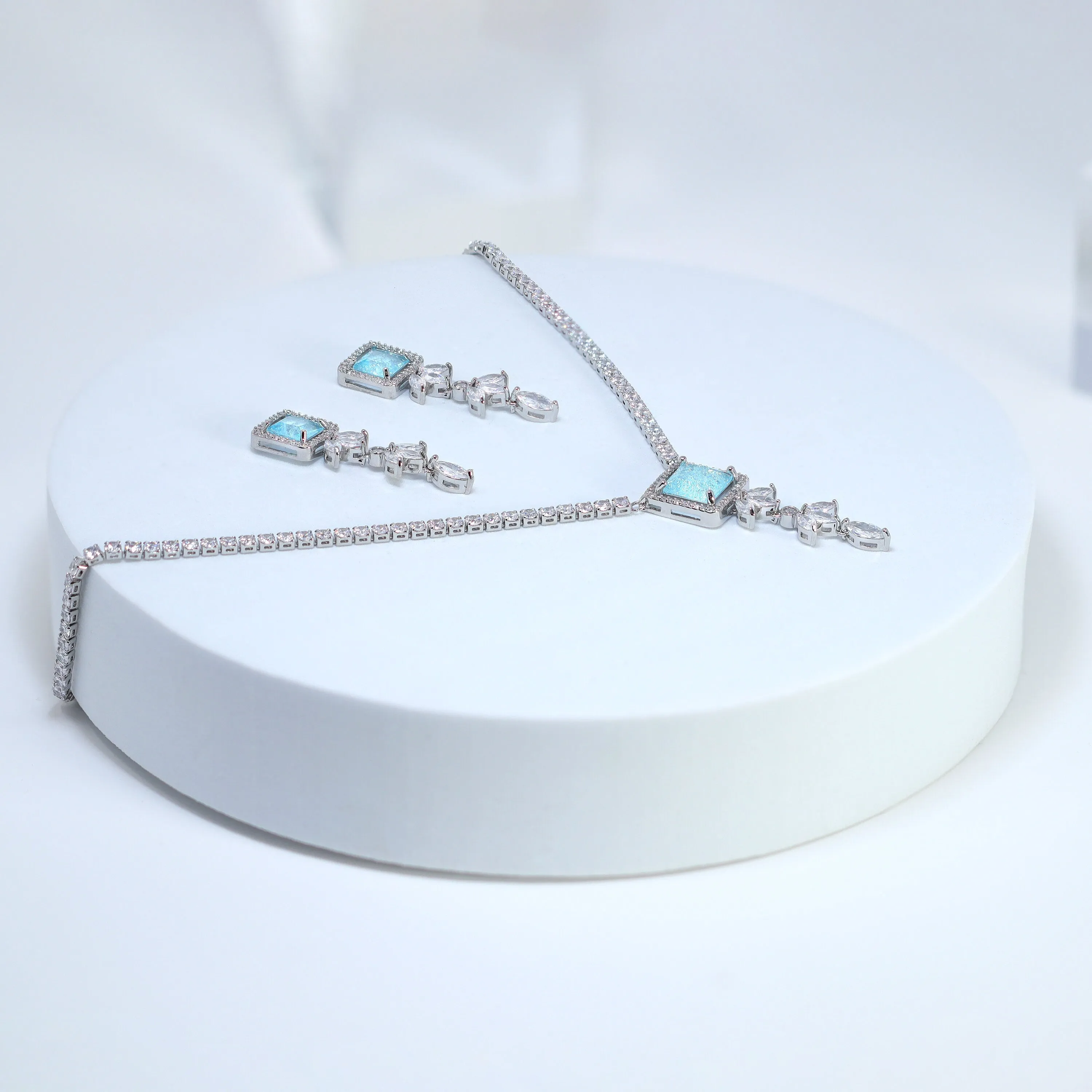 Something Light Icy Blue Zircon Diamond/Crystal Drop Necklace Set , Luxury Bridal Necklace Set, Bridal Jewelry, Statement Necklace