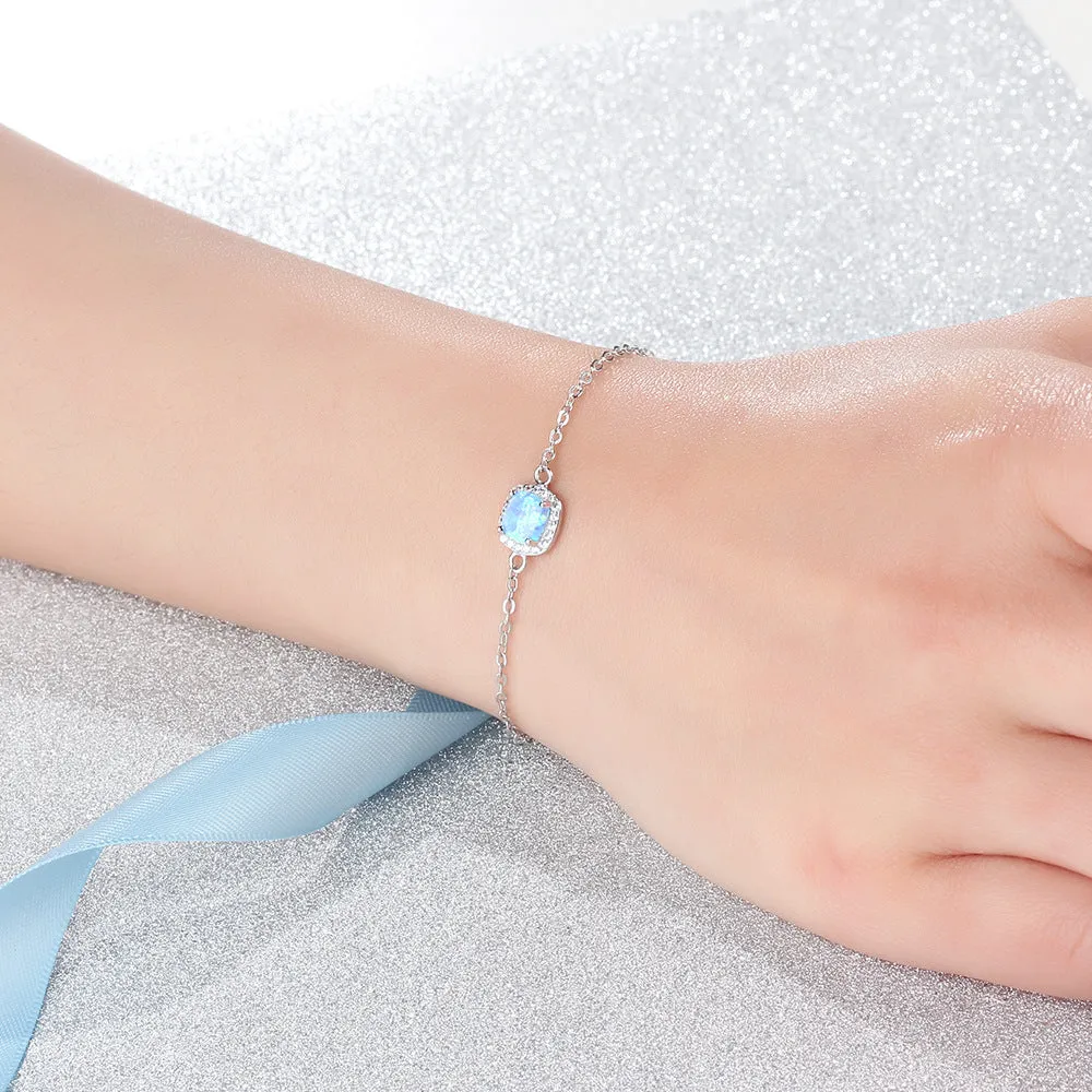 Square Blue Opal Zircon Soleste Halo Sterling Silver Bracelet