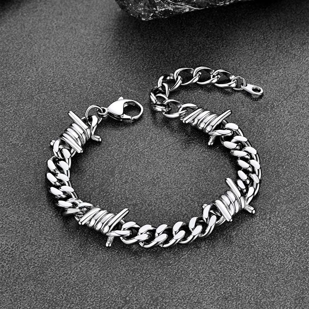 Stainless Steel Barbed Wire Cuban Chain Link Bracelet for Men