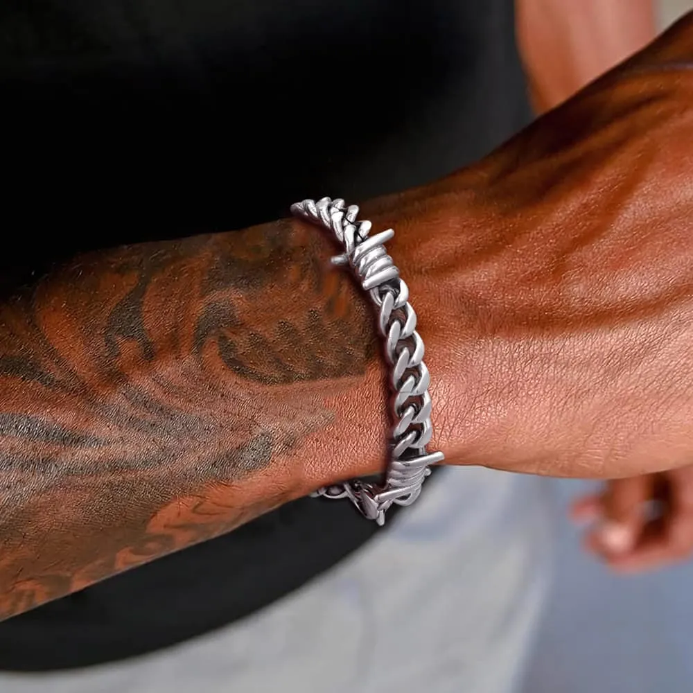 Stainless Steel Barbed Wire Cuban Chain Link Bracelet for Men