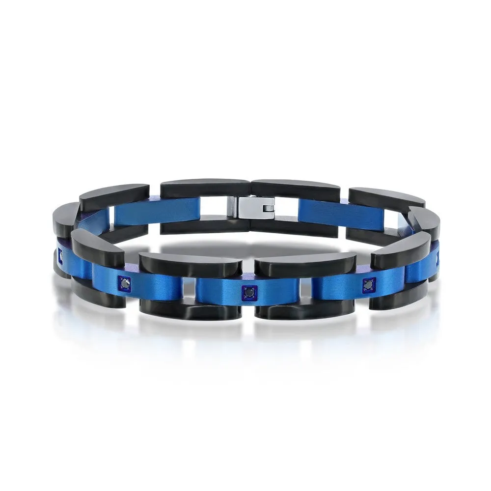 Stainless Steel Blue and Black Cubic Zirconia Link Bracelet, 8.5" (96623)