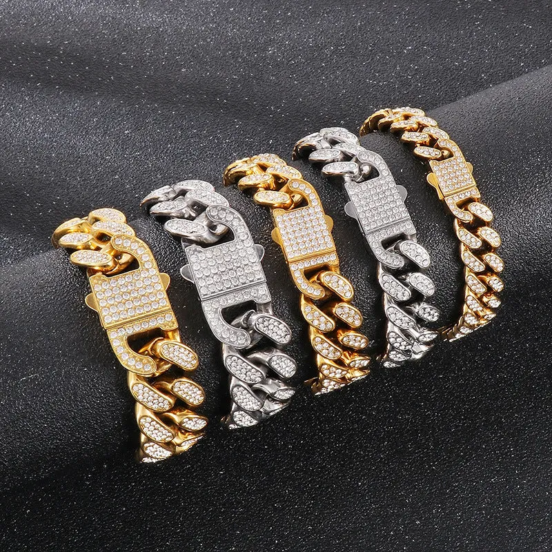 Stainless Steel Cuban Chain Bracelet Set for Men - Hiphop Inspired Jewelry with Full Zircon Accents