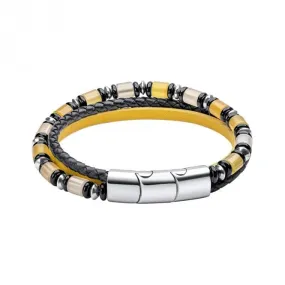 Stainless Steel Multi Layered Leather Bracelet with Jade and Onyx Beads B5465