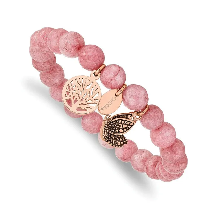 Stainless Steel Rose Gold Butterfly & Tree of Life Charm Pink Jade Stretch Bracelet