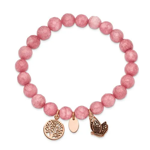 Stainless Steel Rose Gold Butterfly & Tree of Life Charm Pink Jade Stretch Bracelet