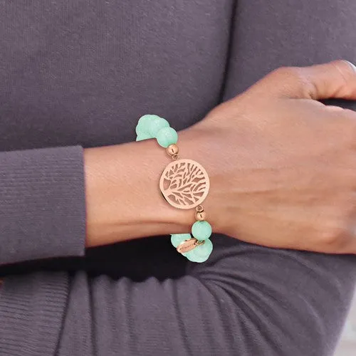 Stainless Steel Rose Gold Tree of Life Mint Green Jade Stretch Bracelet