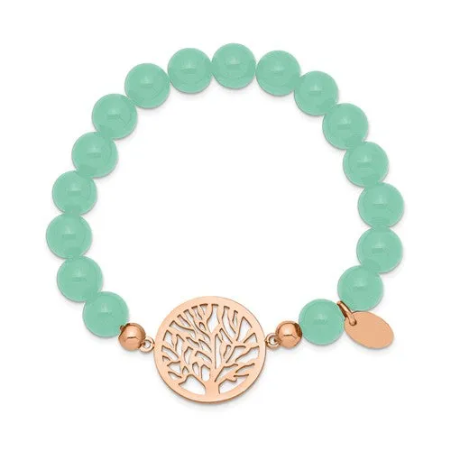 Stainless Steel Rose Gold Tree of Life Mint Green Jade Stretch Bracelet