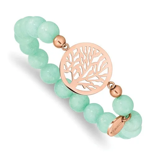 Stainless Steel Rose Gold Tree of Life Mint Green Jade Stretch Bracelet