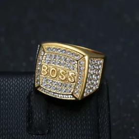 Stainless Steel Titanium Hip Hop Luxury Zircon Bling Iced Out BOSS Rings for Men Women Couple Boyfriends Gift Fashion Jewelry