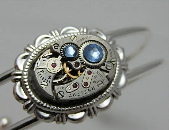 Steampunk Bracelet - In the Works - Steampunk watch parts cuff - Aquamarine bracelet - Repurposed - Steampunk jewelry - March Birthday