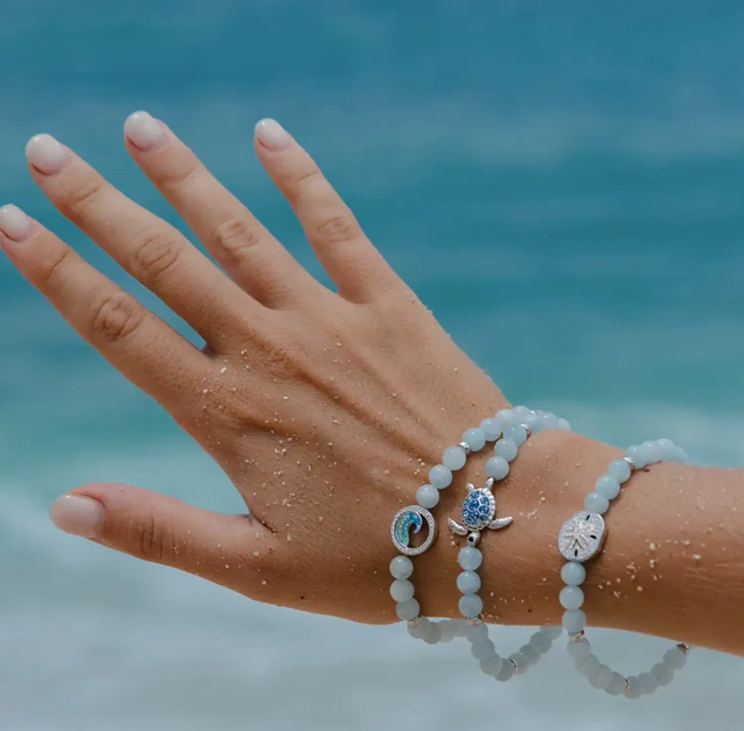 Sterling Silver Sand Dollar Aqua Stretchy Bracelet