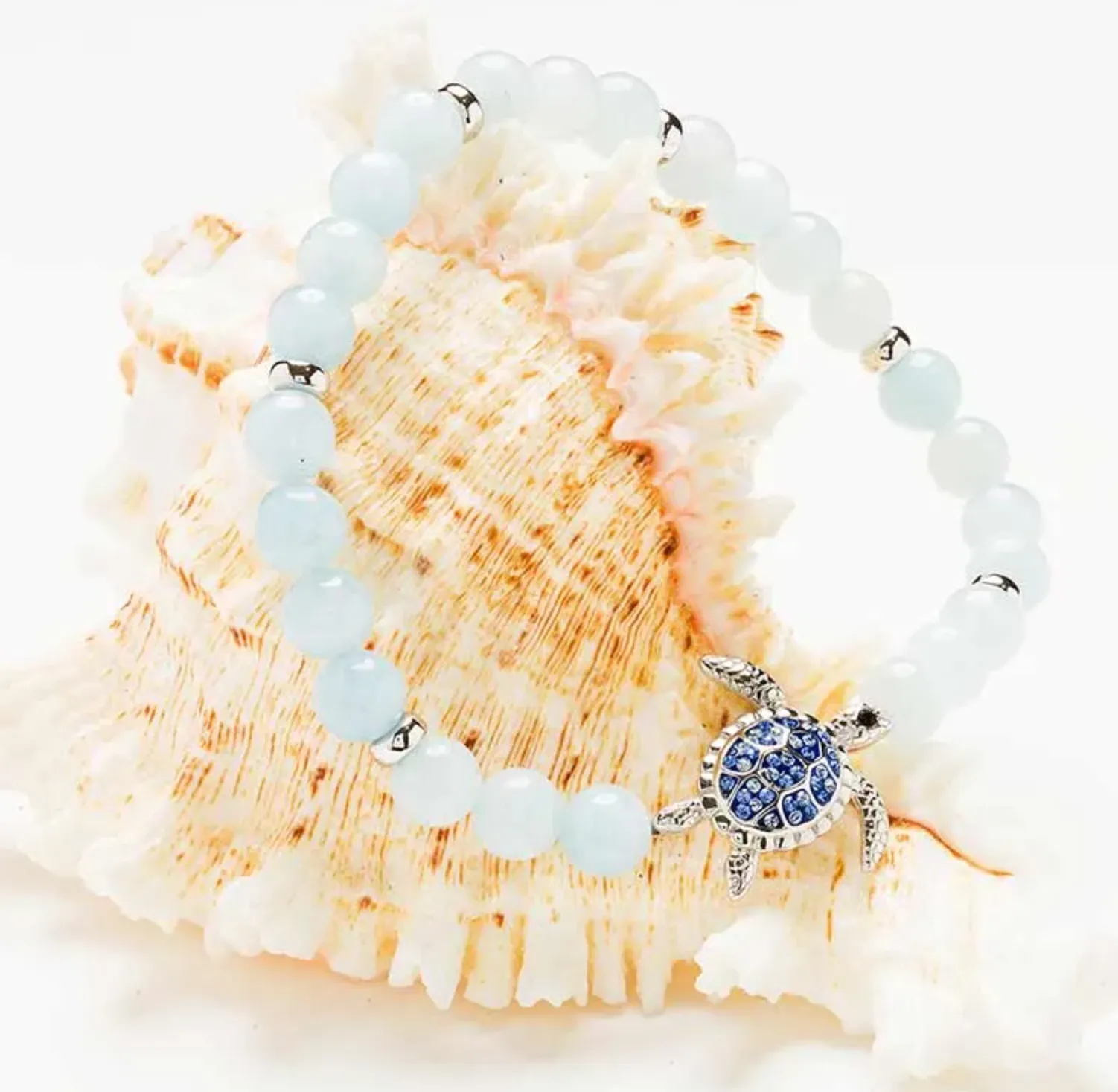 Sterling Silver Turtle Aqua Stretchy Bracelet