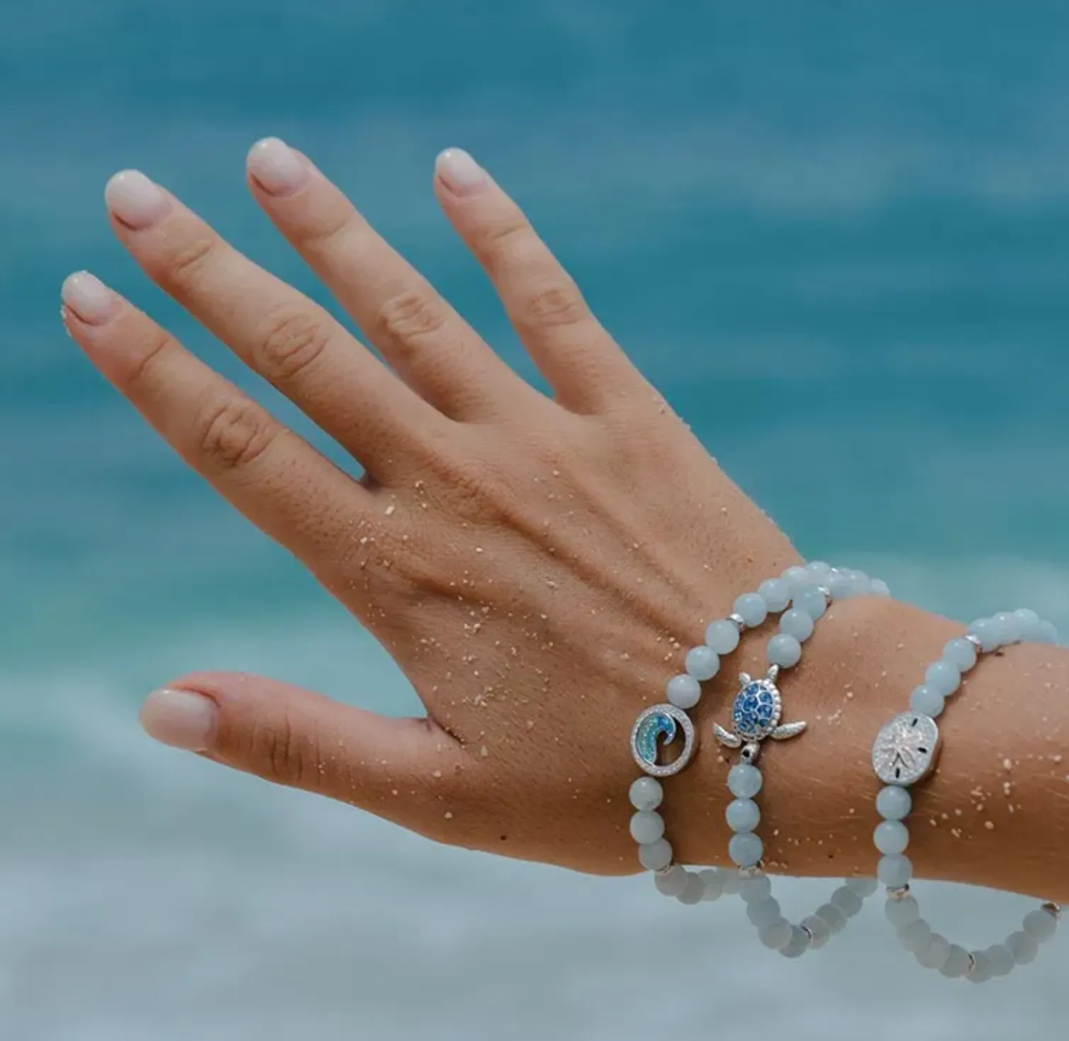 Sterling Silver Turtle Aqua Stretchy Bracelet