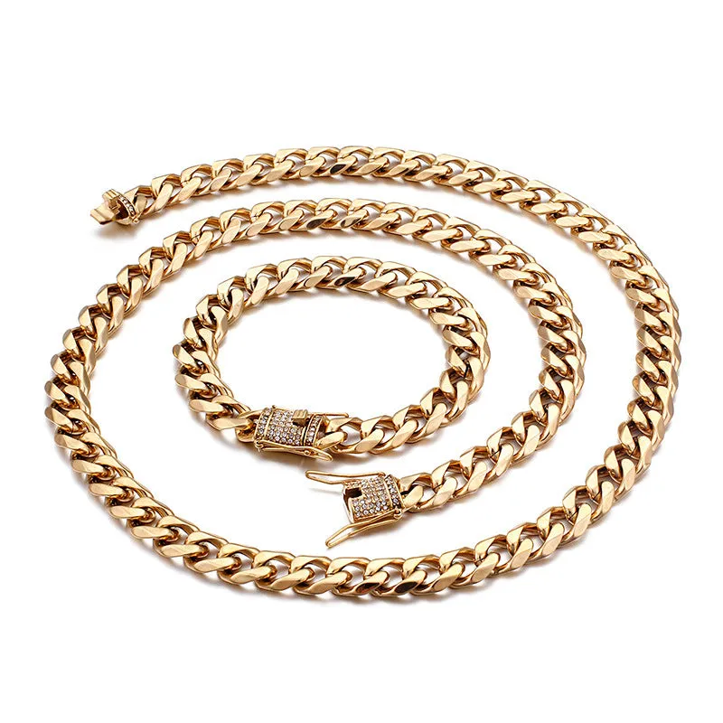 Stylish 18K Gold CZ Men's Cuban Chain Bracelet and Necklace - Hip Hop Inspired Jewelry