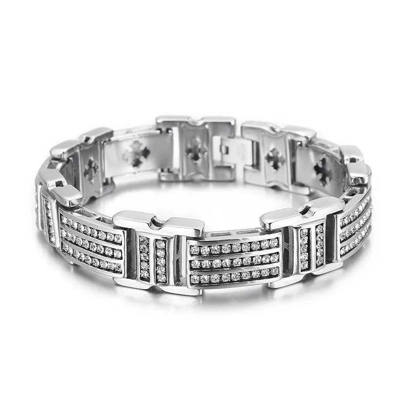 Stylish 18K Gold Zircon Punk Bracelet for Men - European and American Hipster Stainless Steel Jewelry