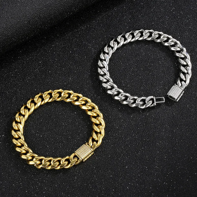 Stylish CNC Zircon-Studded Flip Buckle Titanium Steel Cuban Chain Necklace for Men