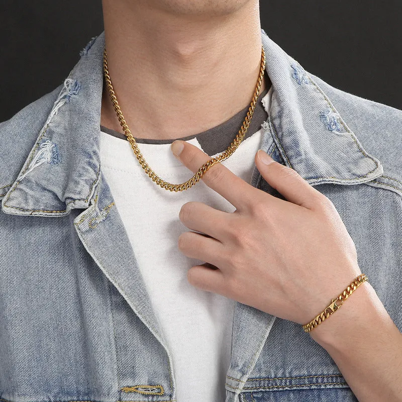 Stylish Double-Sided Electroplated Titanium Steel Men's Cuban Bracelet and Necklace from Planderful's Everyday Genie Collection