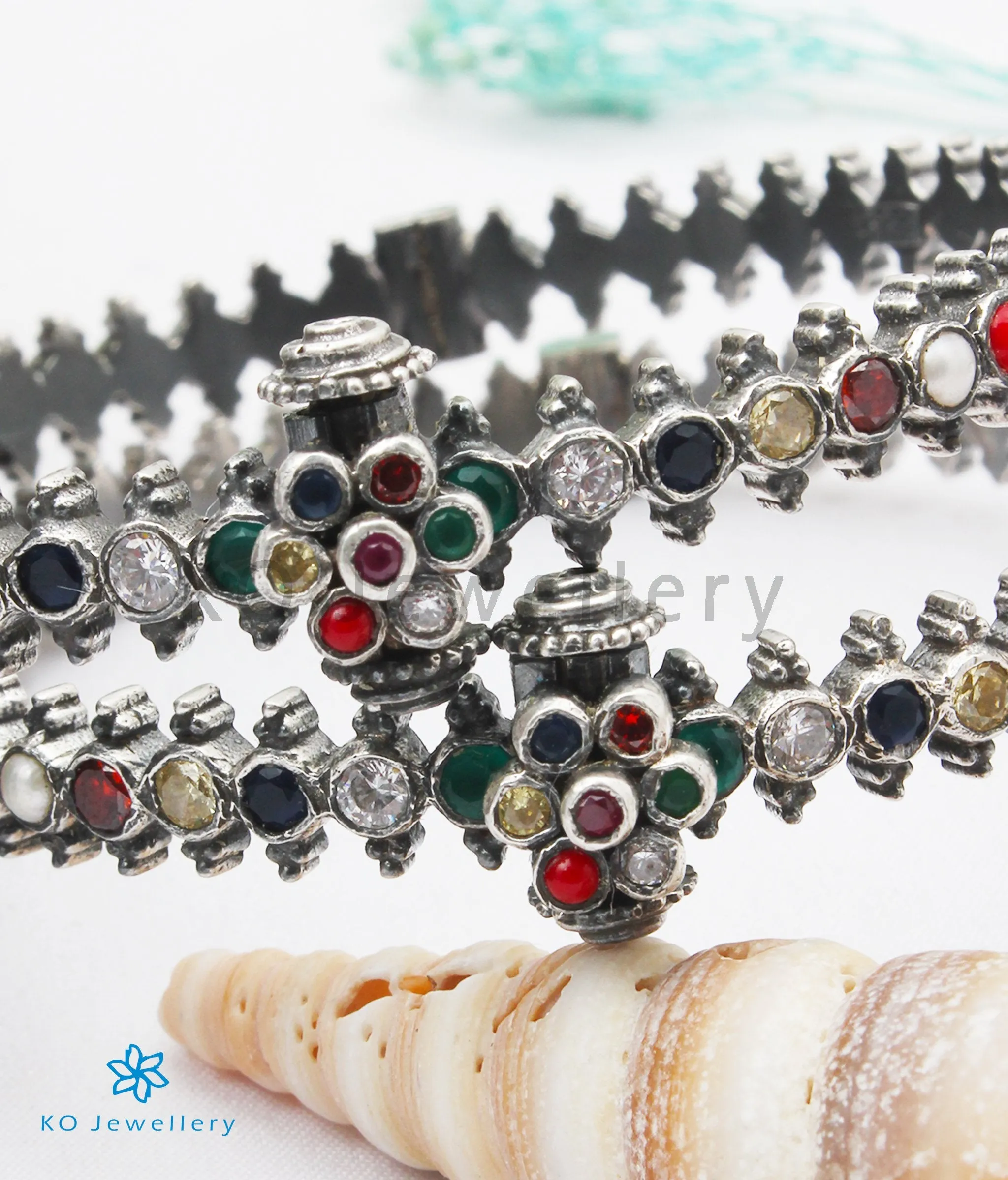 The Ambara Silver Navratna Bracelet(Oxidised/Size 2.2/2.4/2.6/2.8)