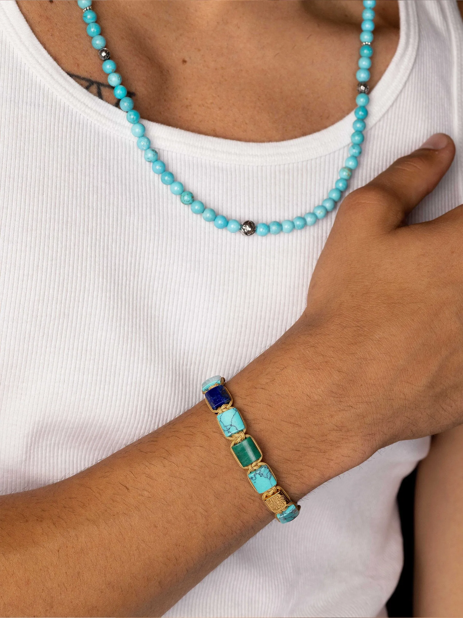 The Dorje Flatbead Collection - Turquoise, Blue Lapis, Red Jade, Brown Tiger Eye and Green Jade