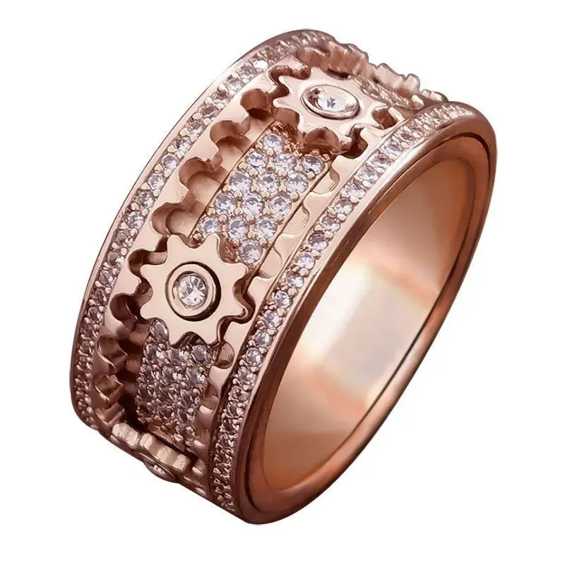 Trend New Titanium Steel Zircon Inlaid Gear Rotatable Men And Women Fashion Ring Couple Friend Birthday Gift Jewelry