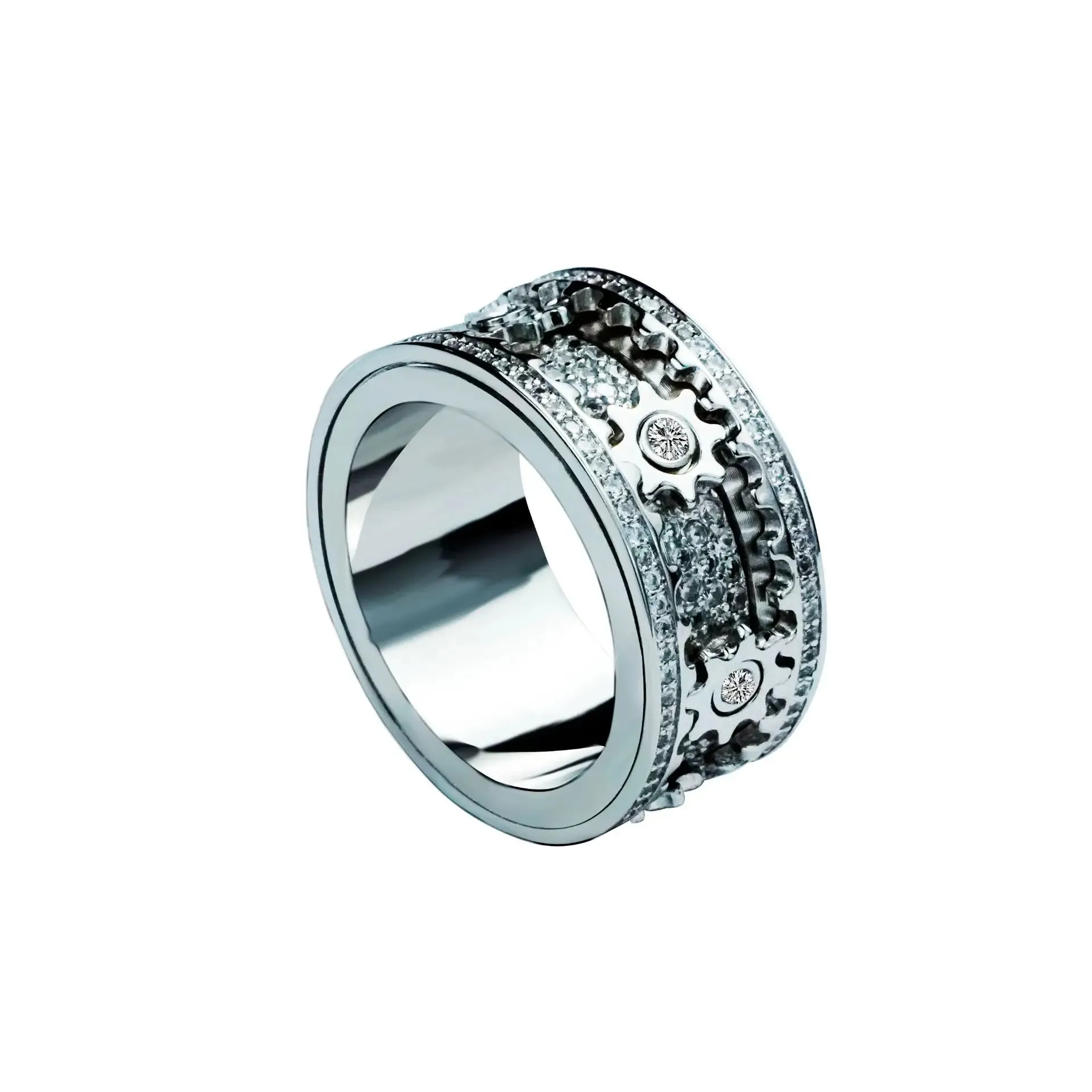 Trend New Titanium Steel Zircon Inlaid Gear Rotatable Men And Women Fashion Ring Couple Friend Birthday Gift Jewelry