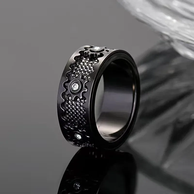 Trend New Titanium Steel Zircon Inlaid Gear Rotatable Men And Women Fashion Ring Couple Friend Birthday Gift Jewelry