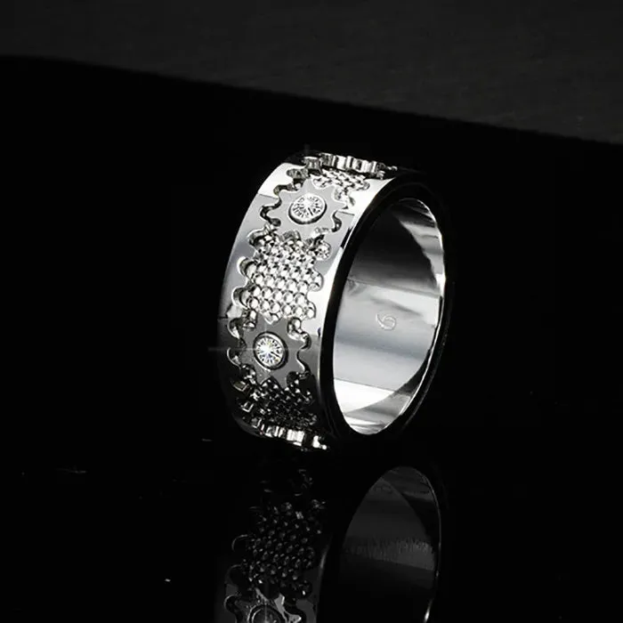 Trend New Titanium Steel Zircon Inlaid Gear Rotatable Men And Women Fashion Ring Couple Friend Birthday Gift Jewelry