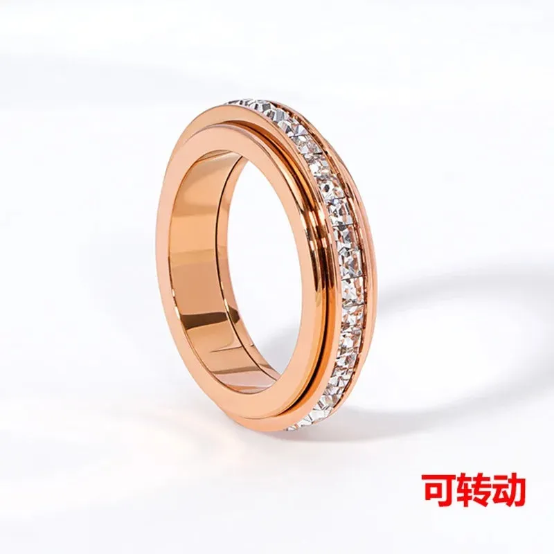 Trend New Titanium Steel Zircon Inlaid Gear Rotatable Men And Women Fashion Ring Couple Friend Birthday Gift Jewelry