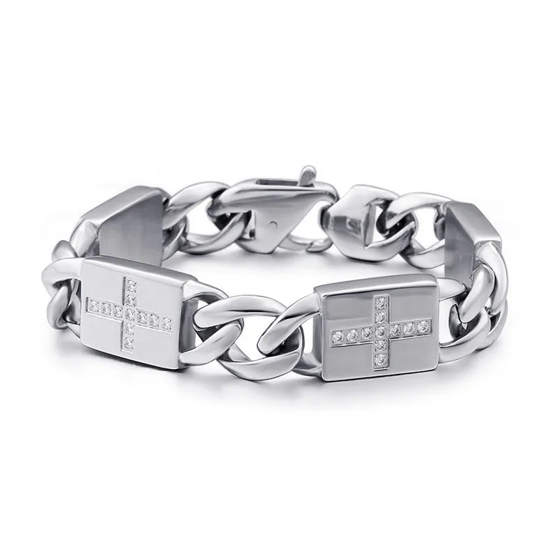 Trendy Titanium Steel Cross Zircon-Studded Hip-Hop Bracelet for Men and Women