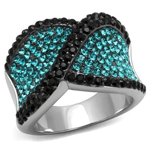 Two-Tone IP Black Stainless Steel Ring with Top Grade Crystal in Blue Zircon for Women Style TK2764