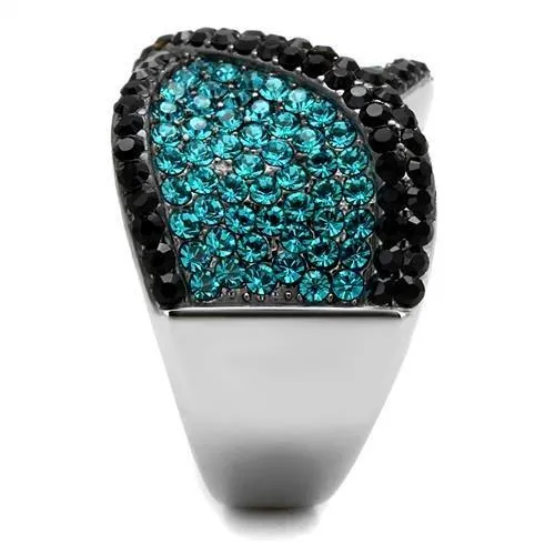 Two-Tone IP Black Stainless Steel Ring with Top Grade Crystal in Blue Zircon for Women Style TK2764