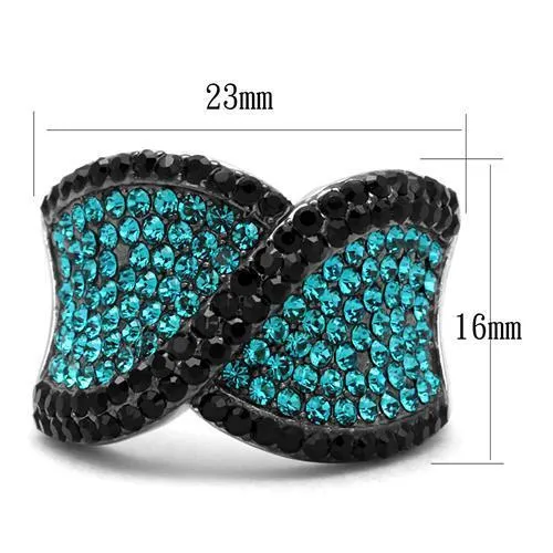 Two-Tone IP Black Stainless Steel Ring with Top Grade Crystal in Blue Zircon for Women Style TK2764