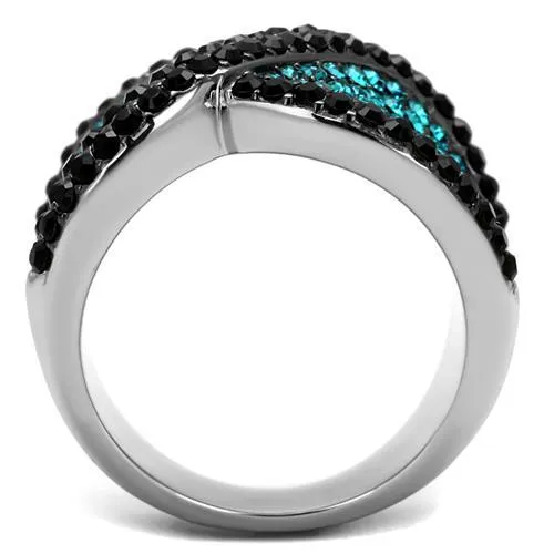 Two-Tone IP Black Stainless Steel Ring with Top Grade Crystal in Blue Zircon for Women Style TK2764