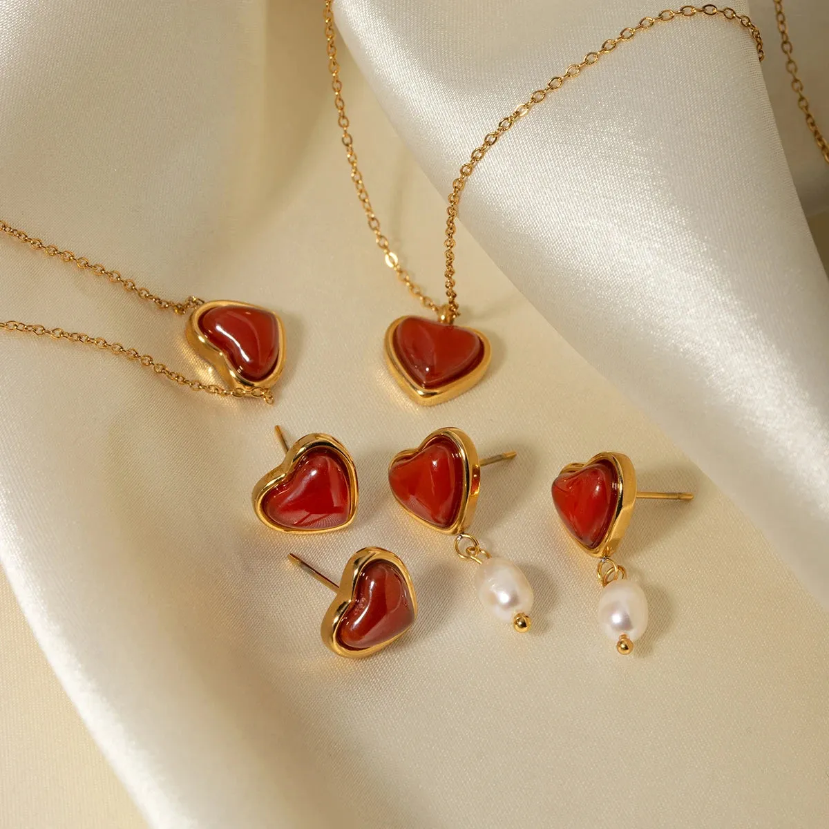 VAIGE Romantic Red Onyx and Stainless Steel Jewelry Set - Heart-Shaped Bracelet, Necklace, and Earrings for Valentine's Day Gift