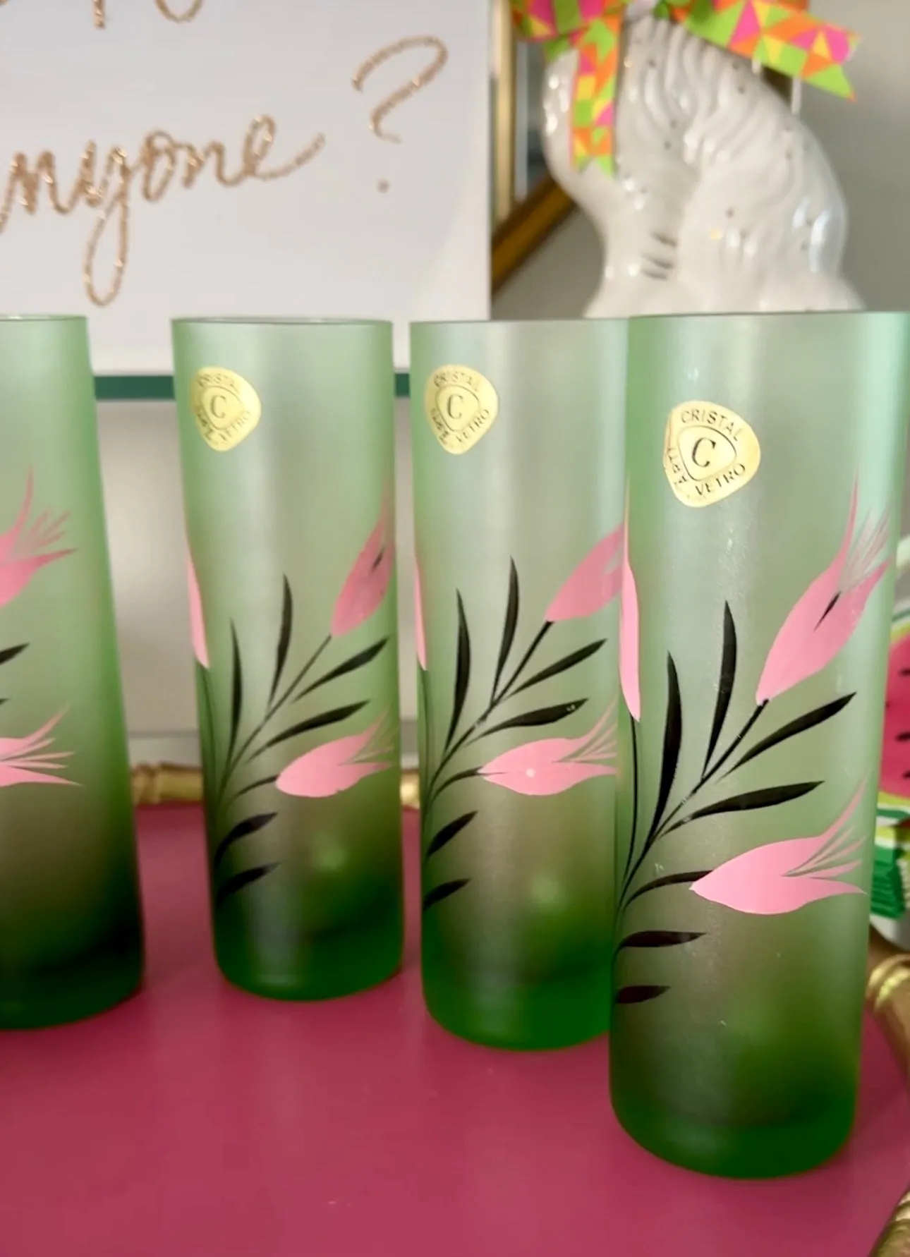 Vintage Highball Glasses, Pink and Green, Cristo Vetral Art, Italy, Set of 6