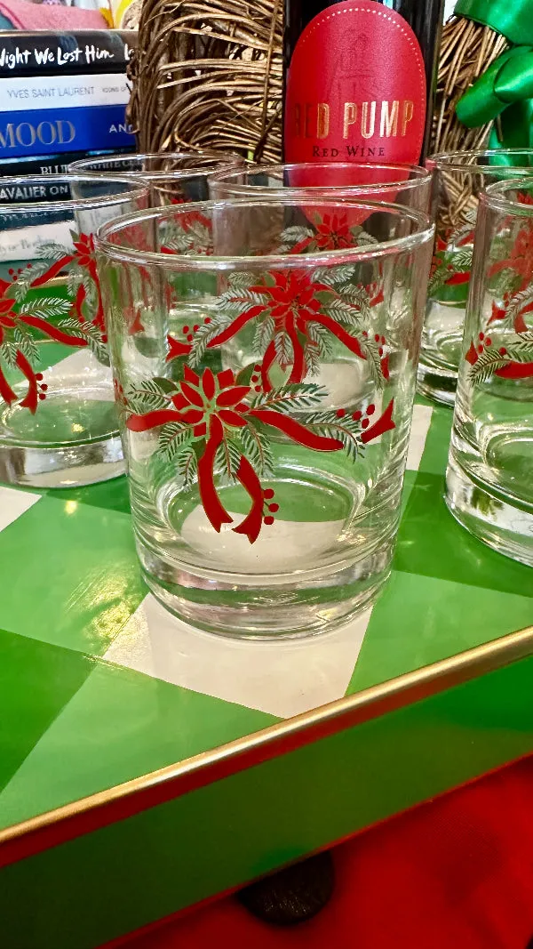 Vintage Low Ball Glasses - Christmas Poinsettia Anchor Hocking