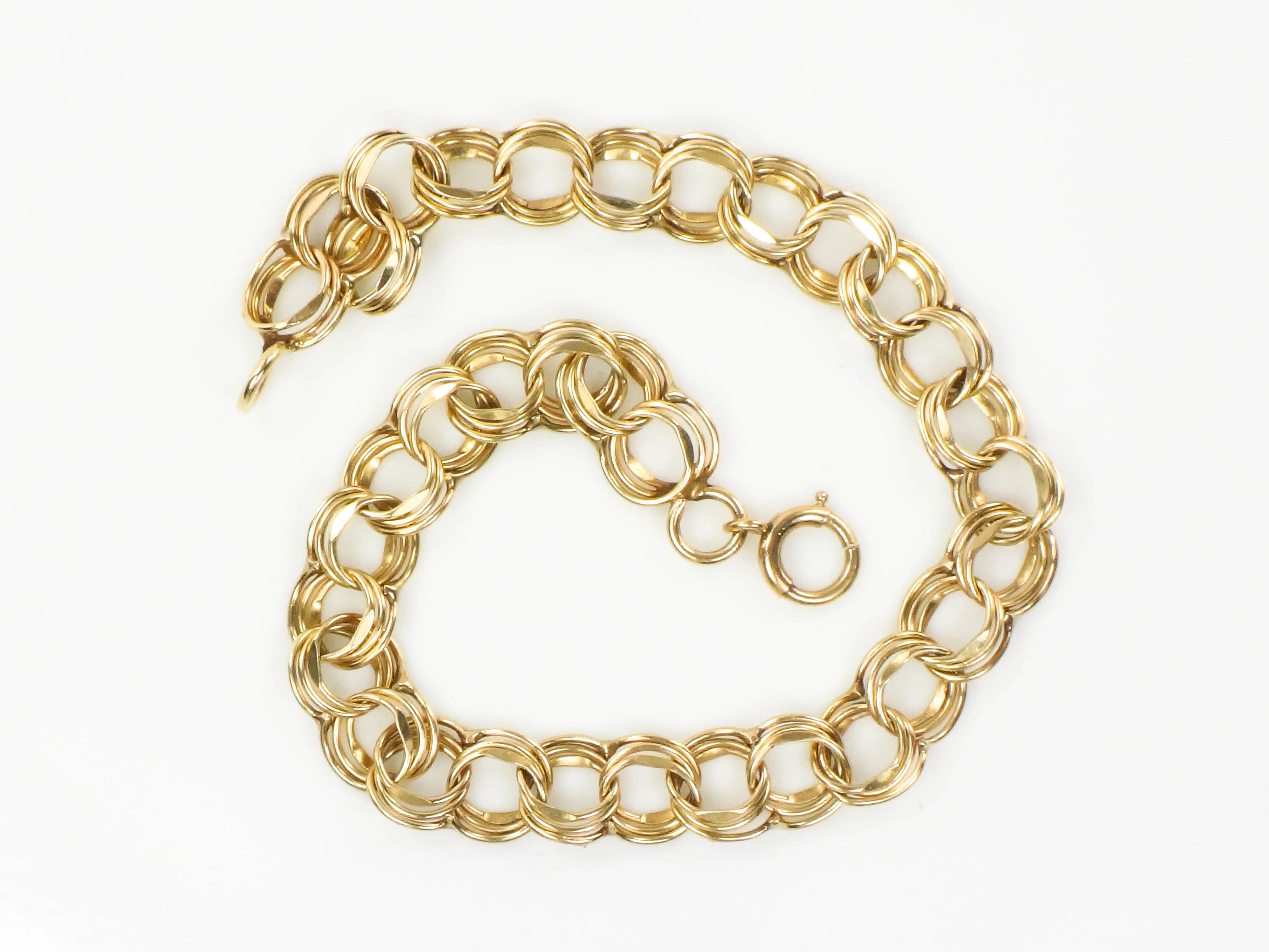 Vintage Solid 14k Yellow Gold Triple Round Link Charm Bracelet 7.25"