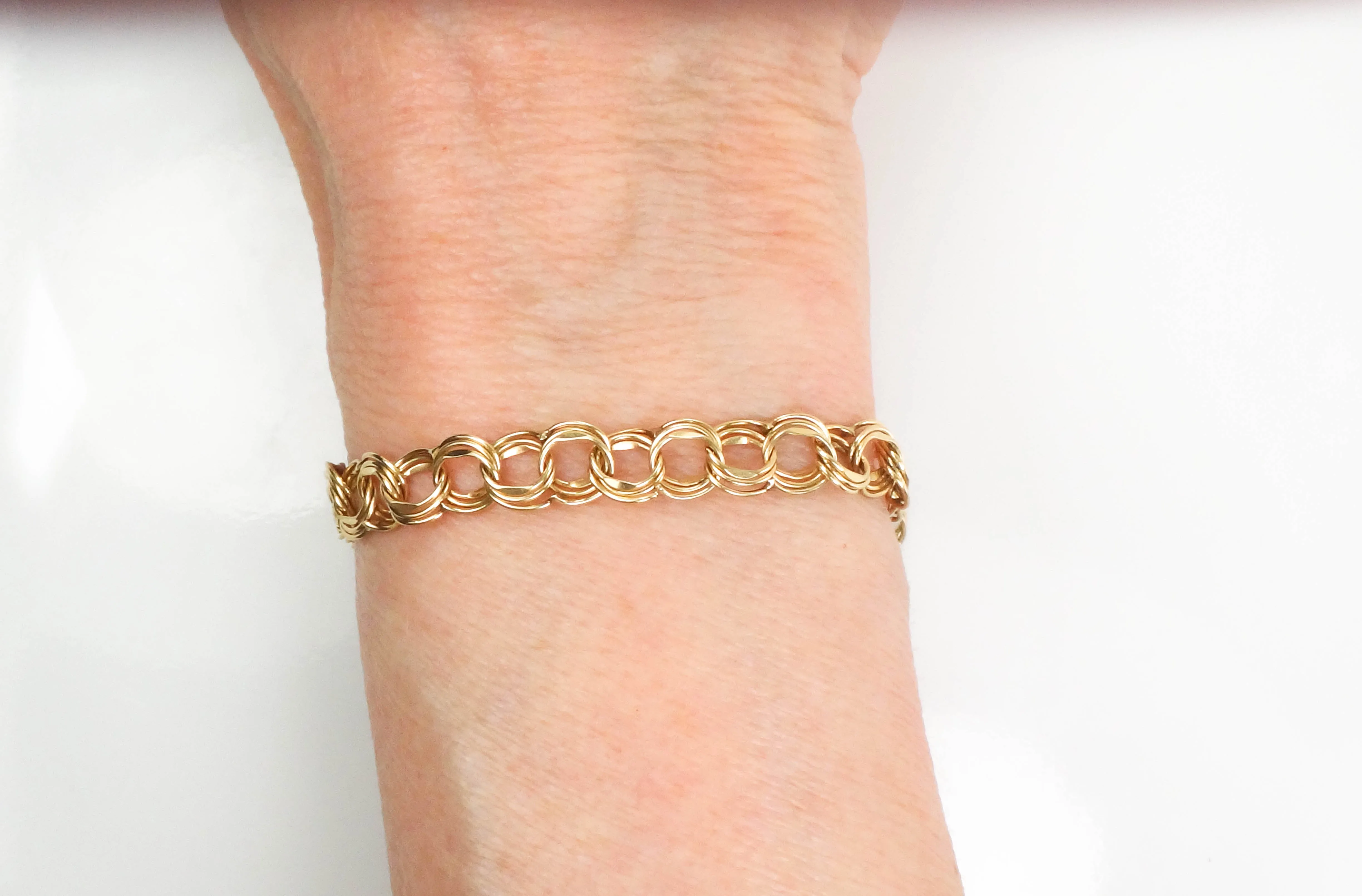 Vintage Solid 14k Yellow Gold Triple Round Link Charm Bracelet 7.25"