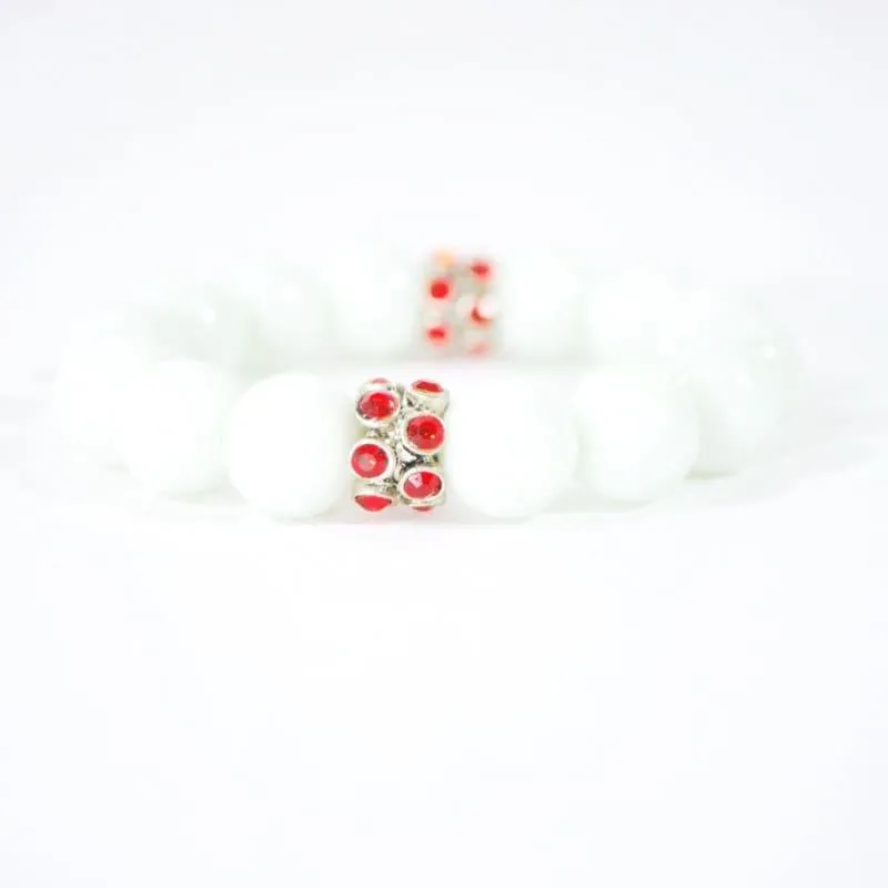 White Jade Gemstone With Red Rhinestone Stretch Bracelets