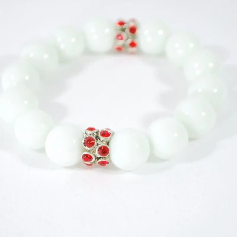 White Jade Gemstone With Red Rhinestone Stretch Bracelets