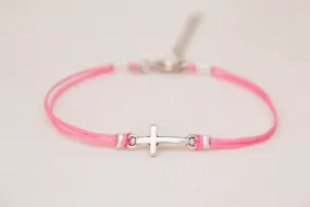 Women bracelet with silver cross charm and pink cord, Christian gift for her