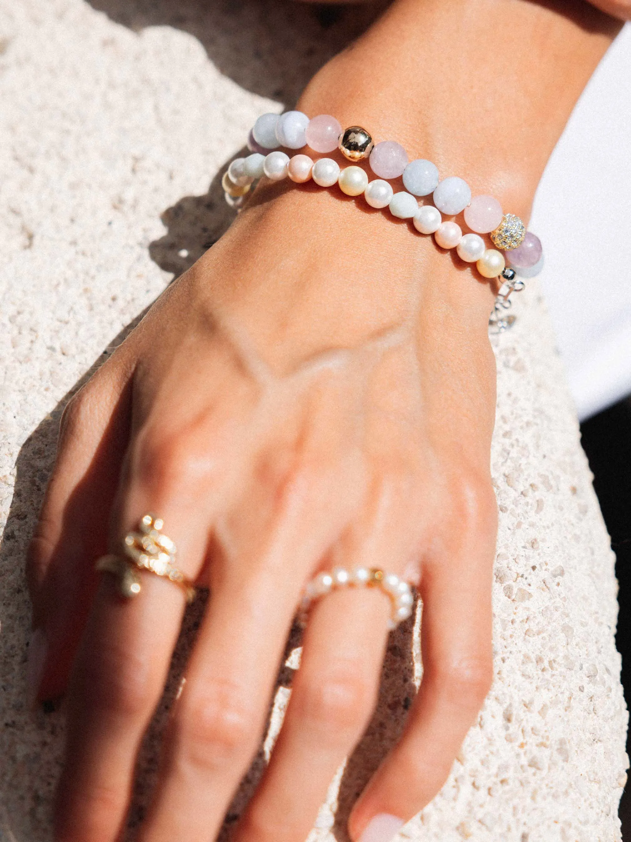 Women's Beaded Bracelet with Aquamarine, Blue Lace Agate, Rose Quartz, and Amethyst Lavender