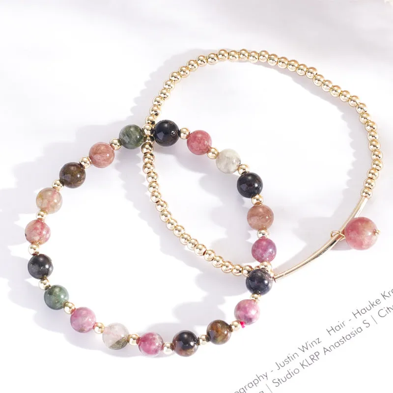 Women's Minimalist 14k Gold Plated Garnet and Tourmaline Bracelet