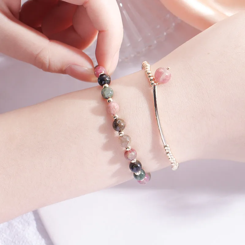 Women's Minimalist 14k Gold Plated Garnet and Tourmaline Bracelet