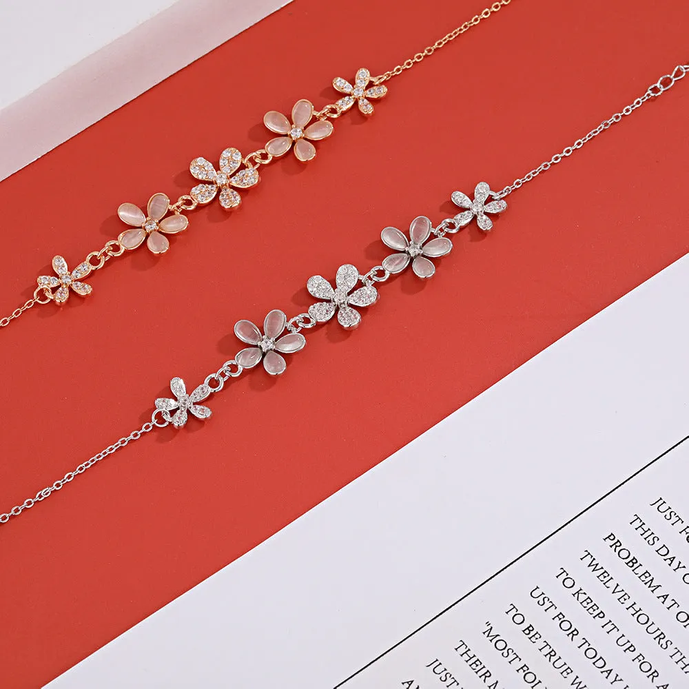 Zircon and Mother of Pearl Flower Silver Bracelet for Women