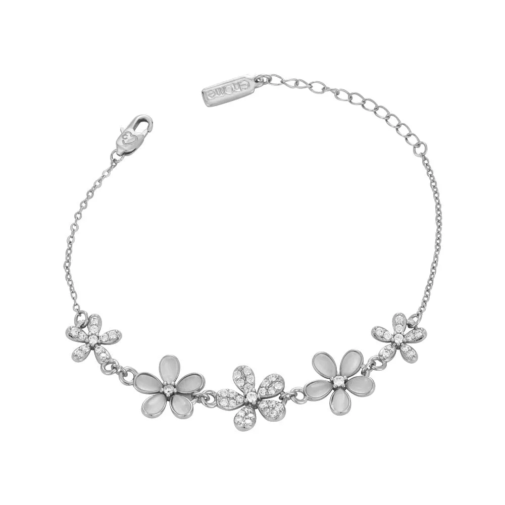 Zircon and Mother of Pearl Flower Silver Bracelet for Women